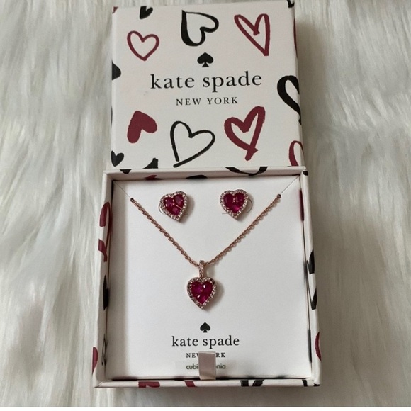 Kate Spade “Spell it Out” necklace and earrings boxed set, red hearts - Picture 5 of 15